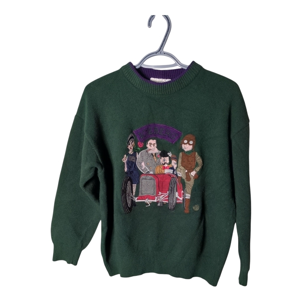 Iceberg Applique Al Capone 20s Theme Vintage Green/Purple Wool Sweater‎ Size 6